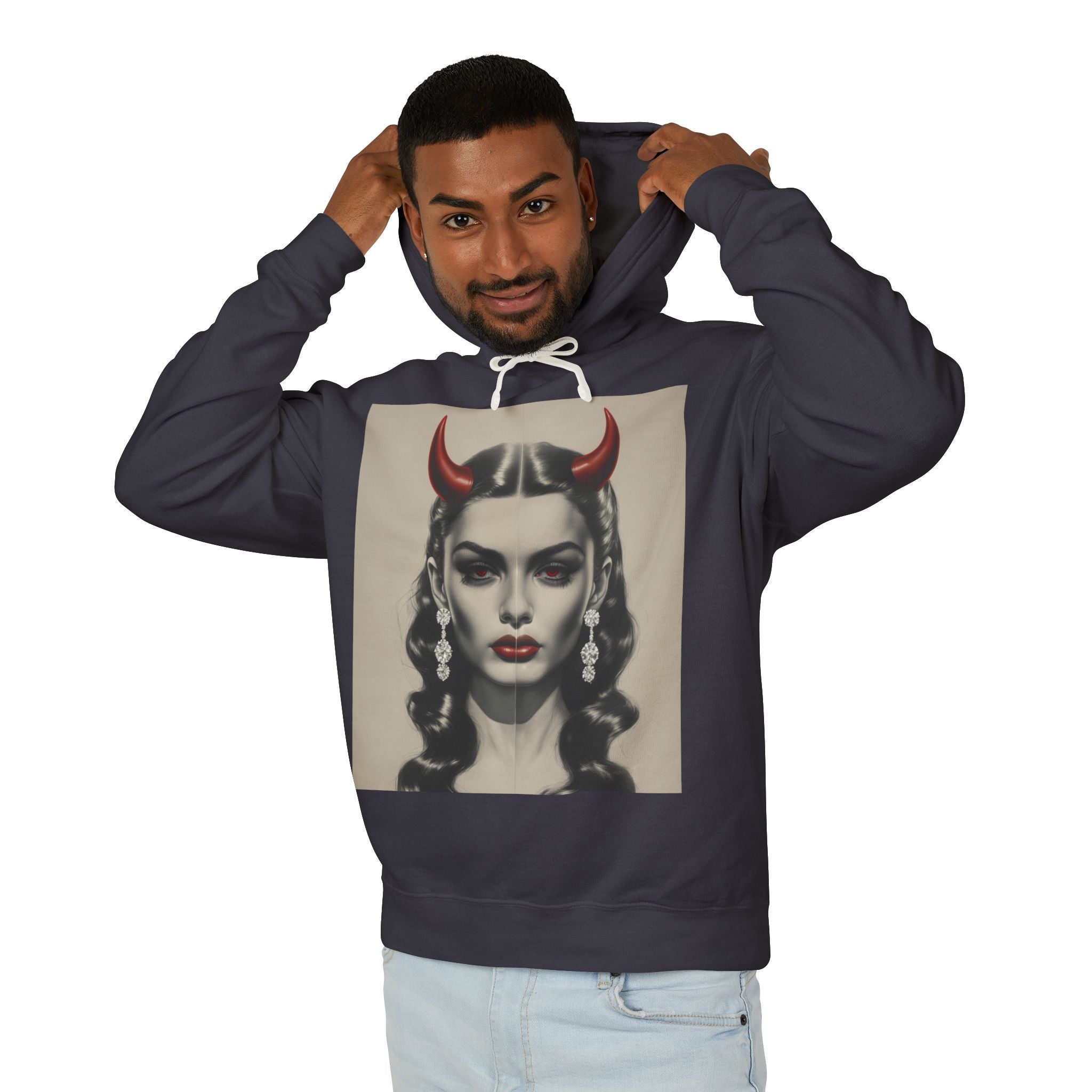 man wearing a hoodie with a graphic design of a woman with horns on a beige background.