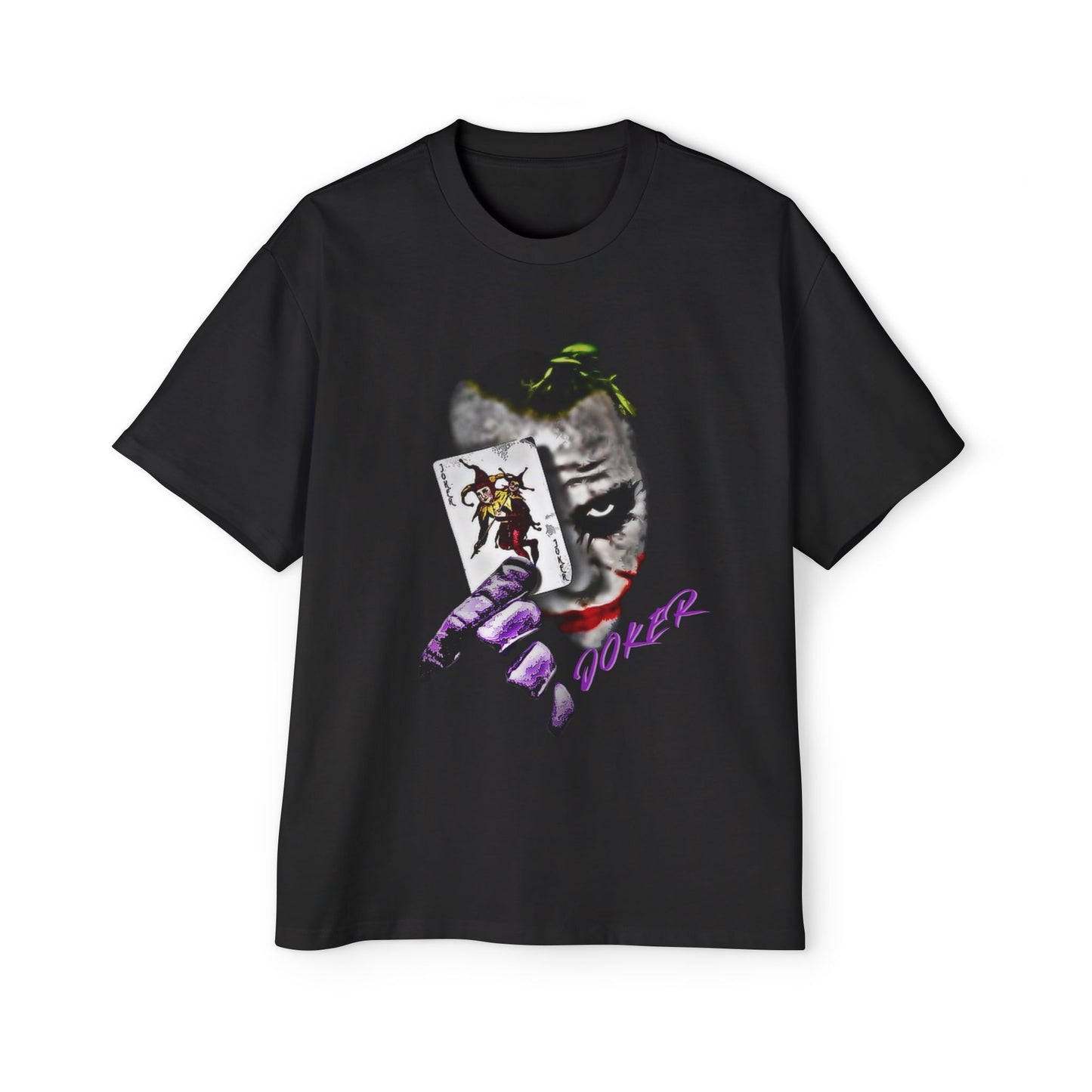 Black t-shirt with Joker graphic design on a white background