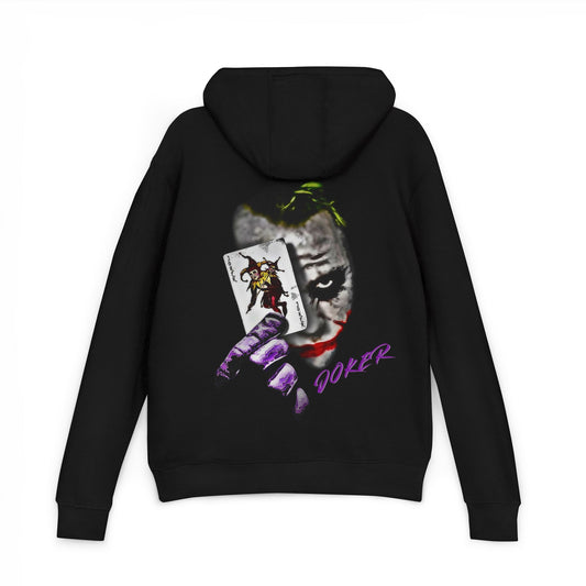 back of Black hoodie with Joker graphic and 'JOKER' text on it