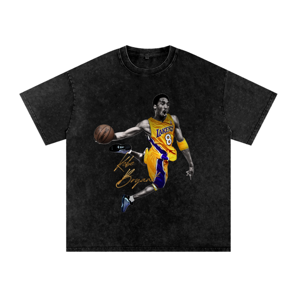 Kobe Bryant Dunking graphic tee featuring Kobe in yellow and purple Lakers No. 8 uniform on black snow washed shirt