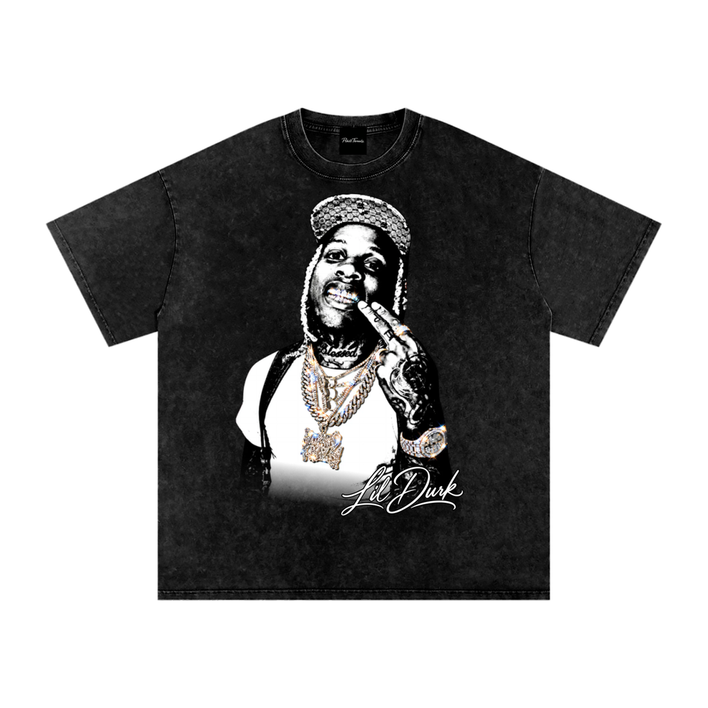 Black snow-washed Lil Durk graphic tee featuring a black-and-white portrait with diamond chains, a sparkling watch, grill, tattoos and white Lil Durk signature.