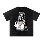 Black snow-washed Lil Durk graphic tee featuring a black-and-white portrait with diamond chains, a sparkling watch, grill, tattoos and white Lil Durk signature.