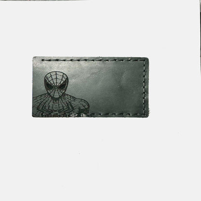 black leather wallet with a spider-Man design front