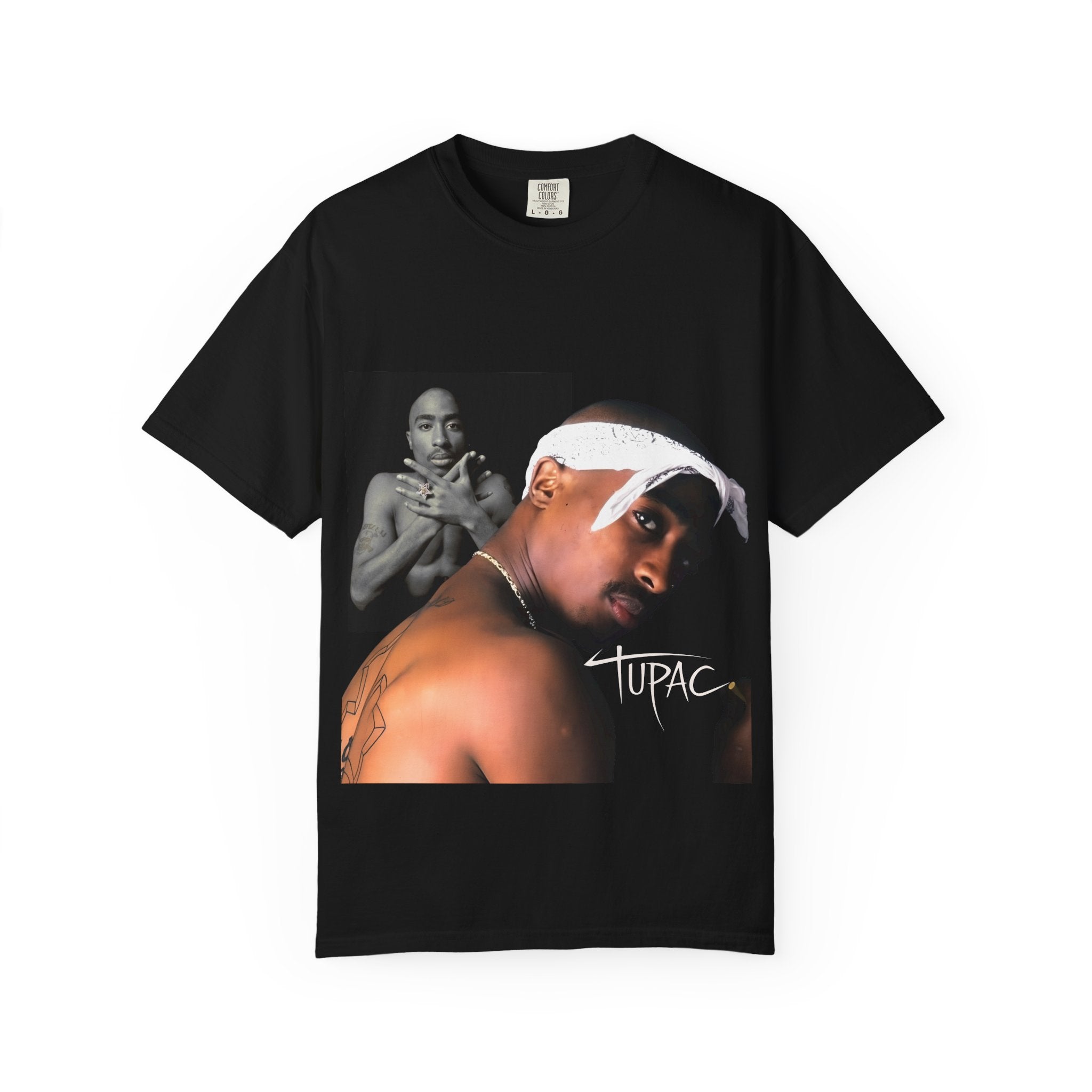 Black Tupac Legacy graphic tee with a graphic of 2pac shakur in front of it