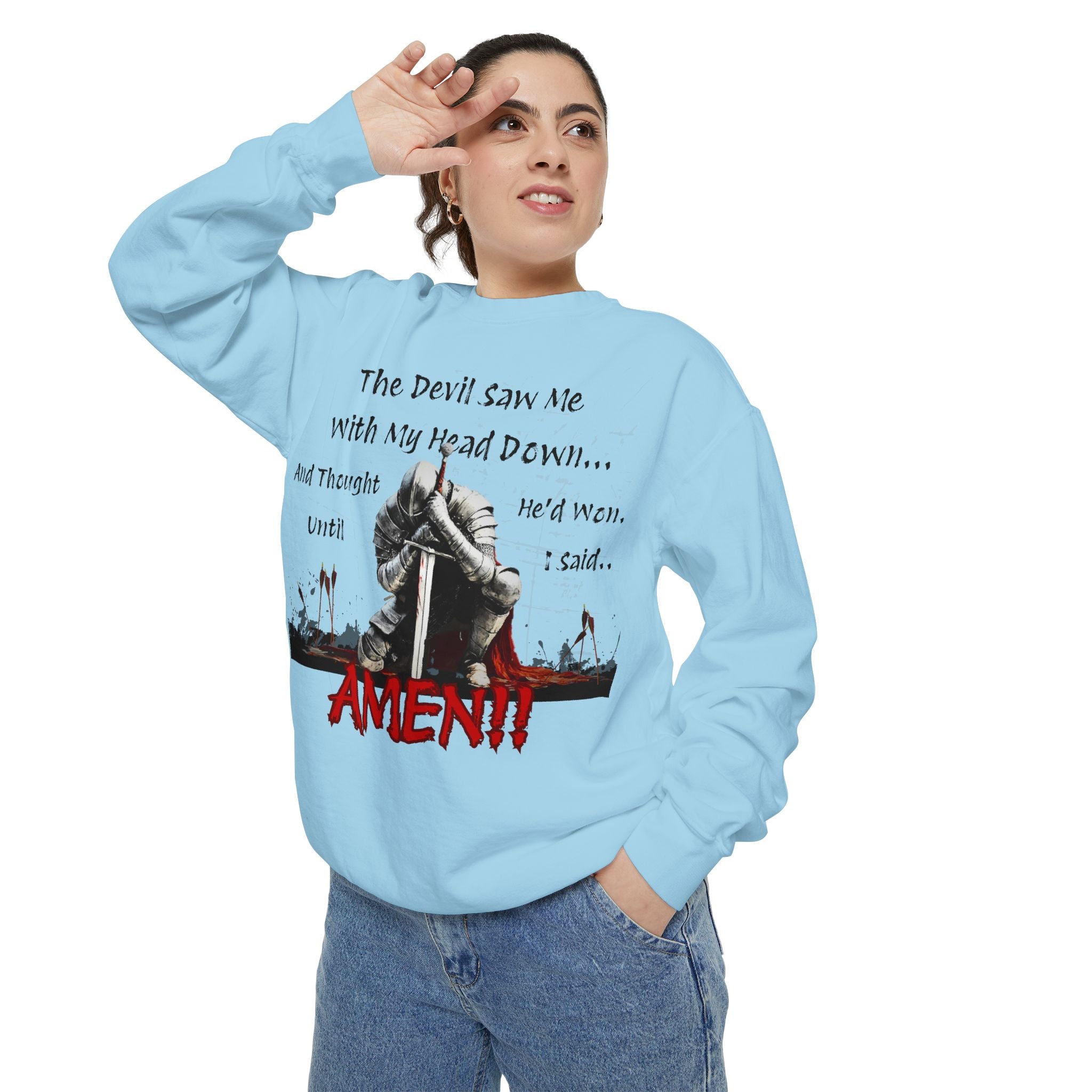 woman wearing a sky blue sweatshirt of Knight Head Down Graphic Sweatshirt 