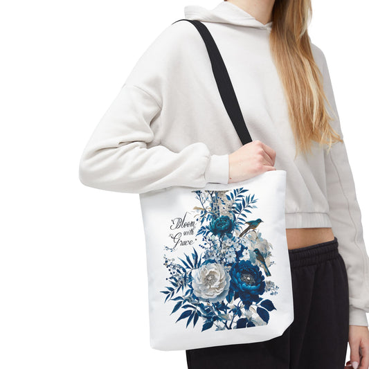 Tote Bag With a botanical blue flower design with the word Bloom with Grace written on it