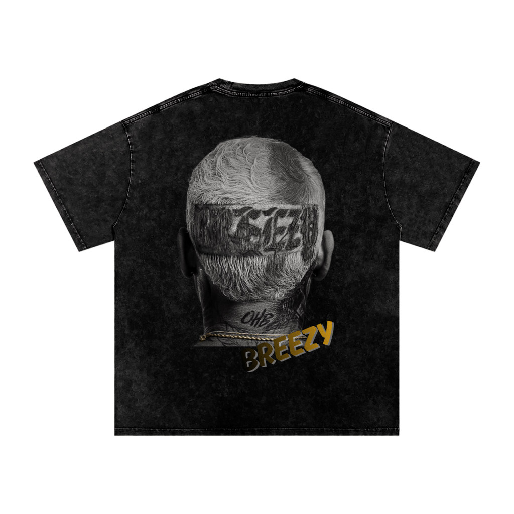 Black t-shirt with graphic design of back of the head of chris brown