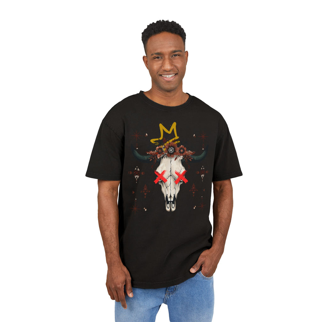 Man wearing a black t-shirt with a graphic design of a bull skull on a white background