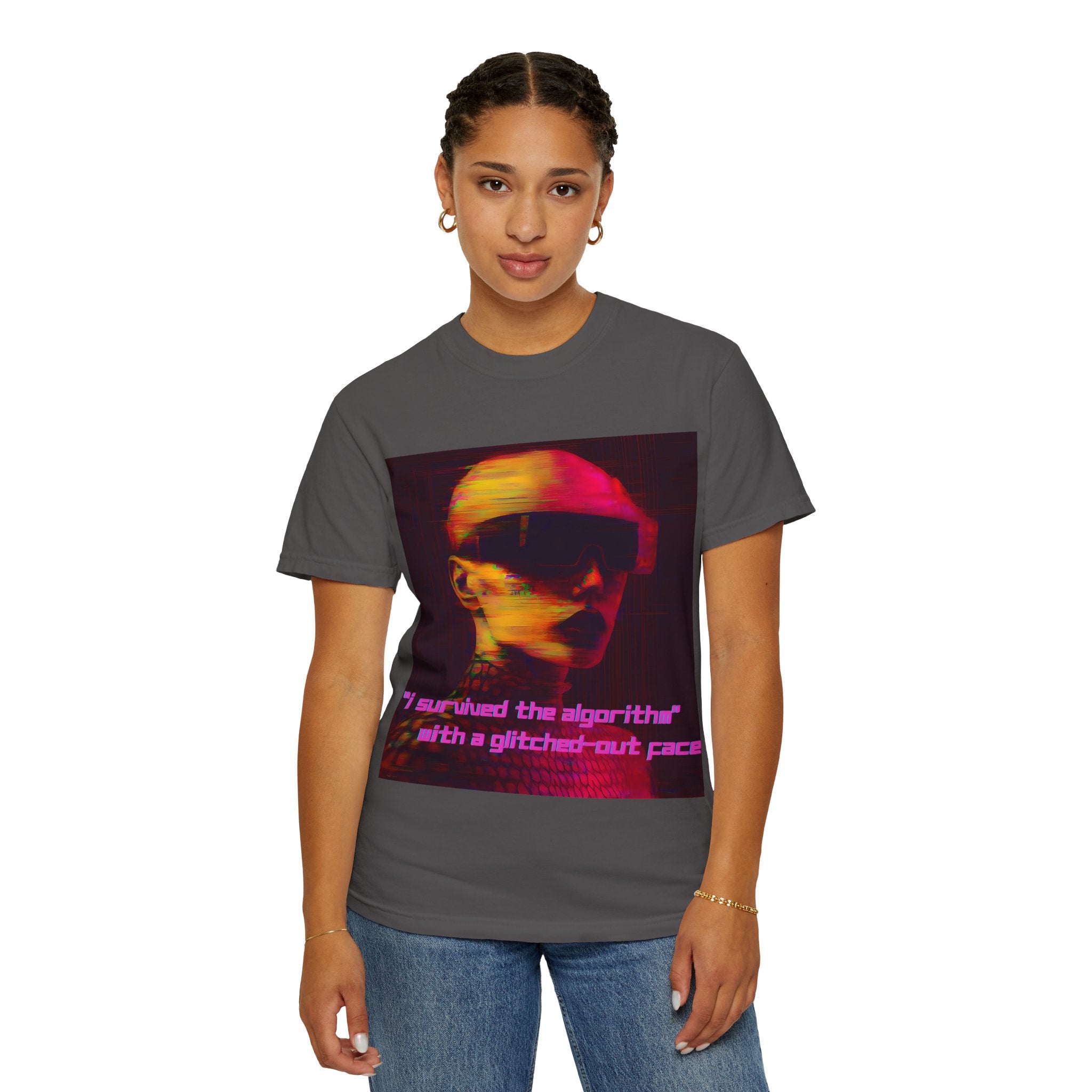 Woman wearing charcoal gray tee with vibrant cyberpunk artwork and glitch-style pink caption “I survived the algorithm.”