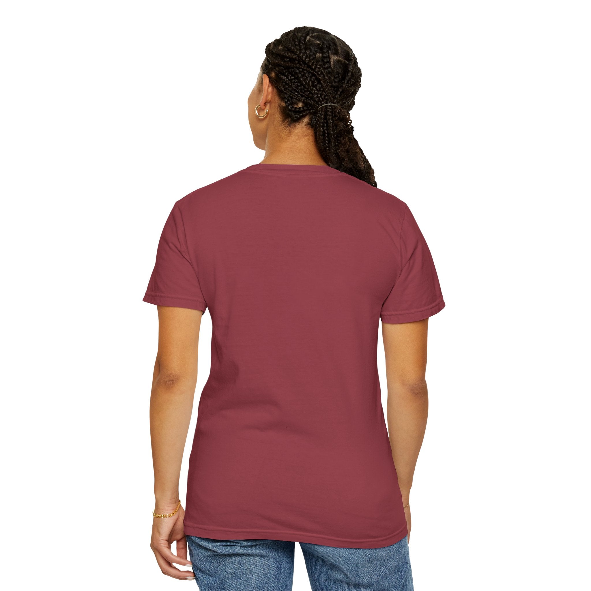 Simple chili crew neck tee shown from behind on female model