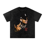 Washed-black oversized Chris Brown T-shirt featuring a portrait in sunglasses and a black cap with silver chains.