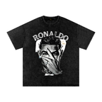 Snow-washed black Cristiano Ronaldo T-shirt featuring a black-and-white portrait with one hand covering part of his face.