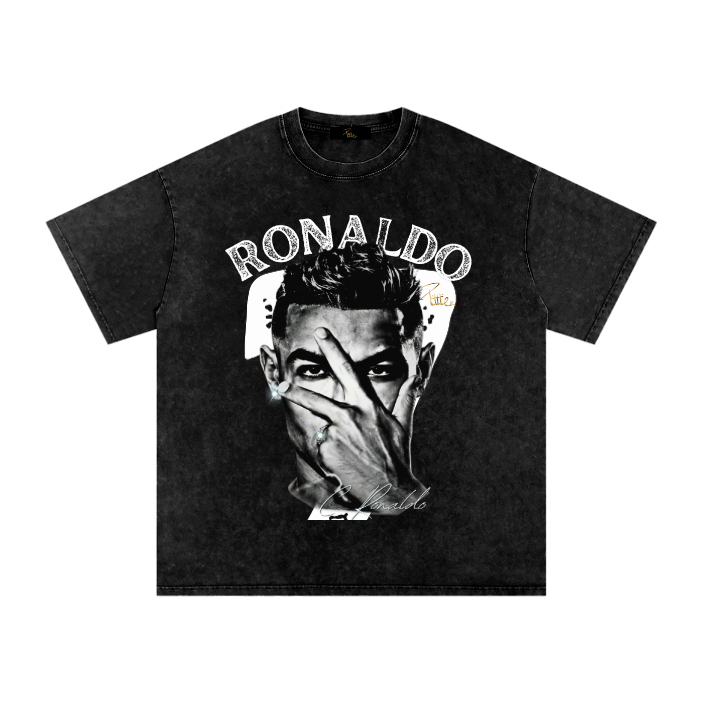 Snow-washed black Cristiano Ronaldo T-shirt featuring a black-and-white portrait with one hand covering part of his face.