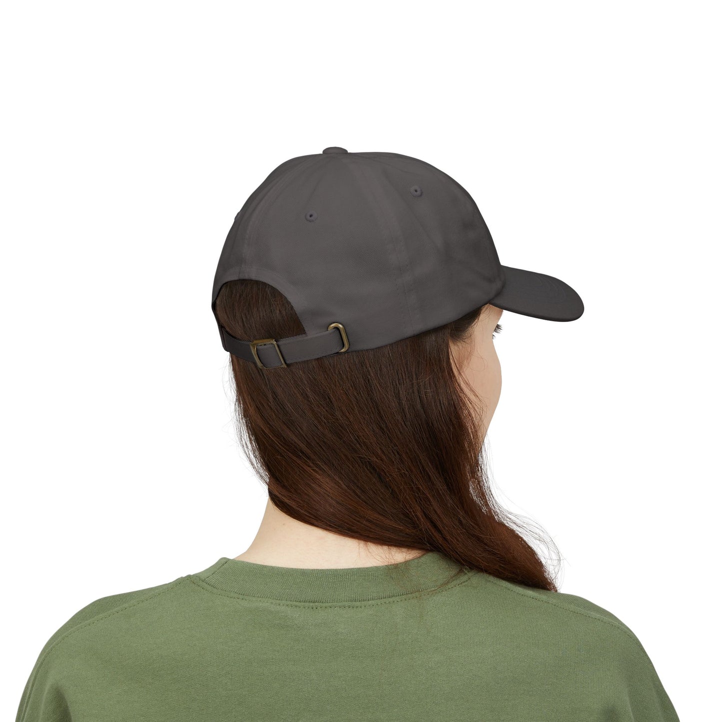 back of woman wearing dark grey dad hat