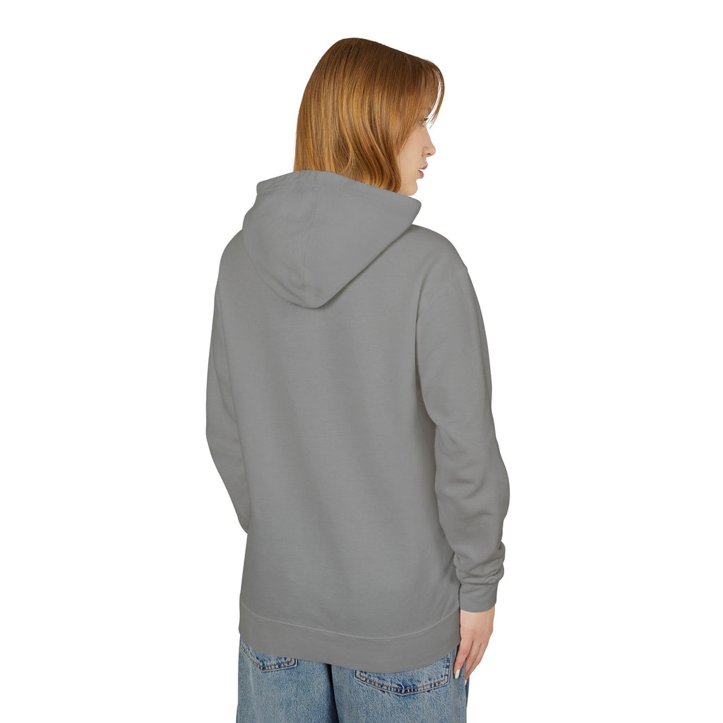 back of woman wearing a gray hoodie on a white background