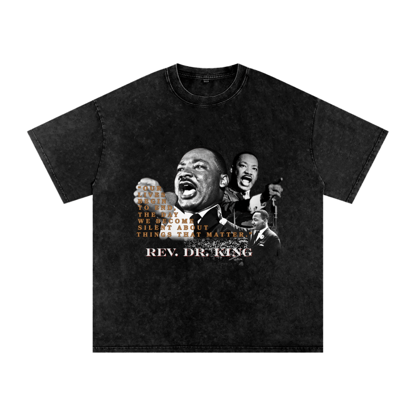 Black t-shirt with graphic of Rev. Dr. King and text on a white background
