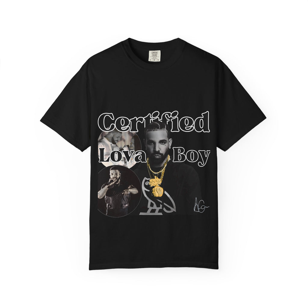 Black graphic tee with graphic design and text on a white background