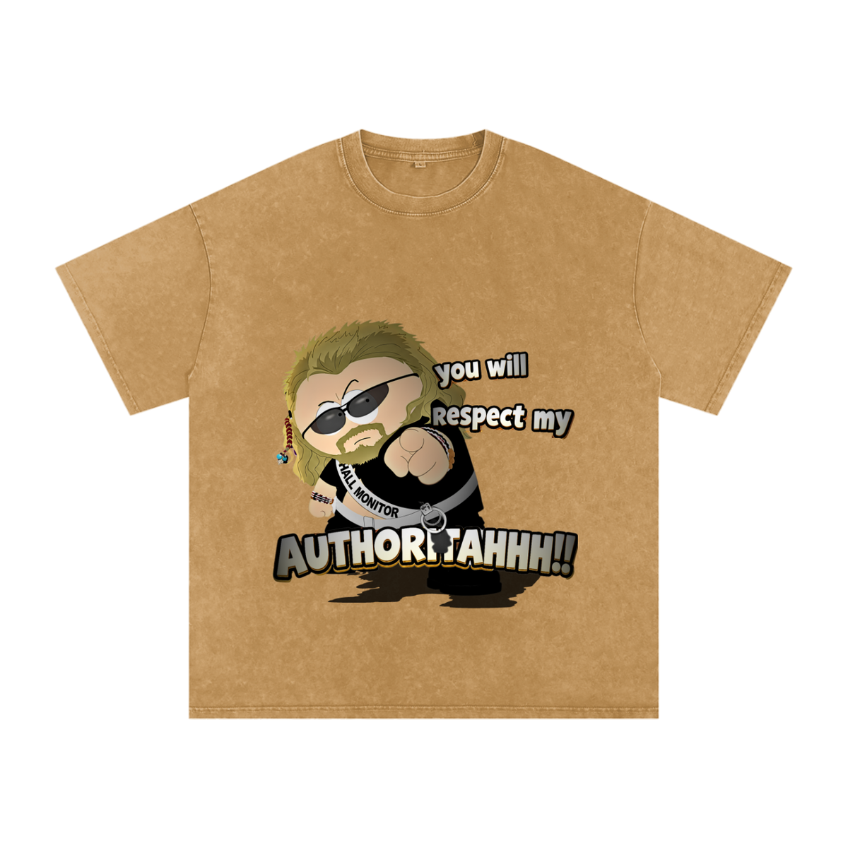 Brown snow-washed oversized T-shirt with a sunglasses-wearing eric cartman pointing outward and bold “You Will Respect My Authoritah!!” lettering.