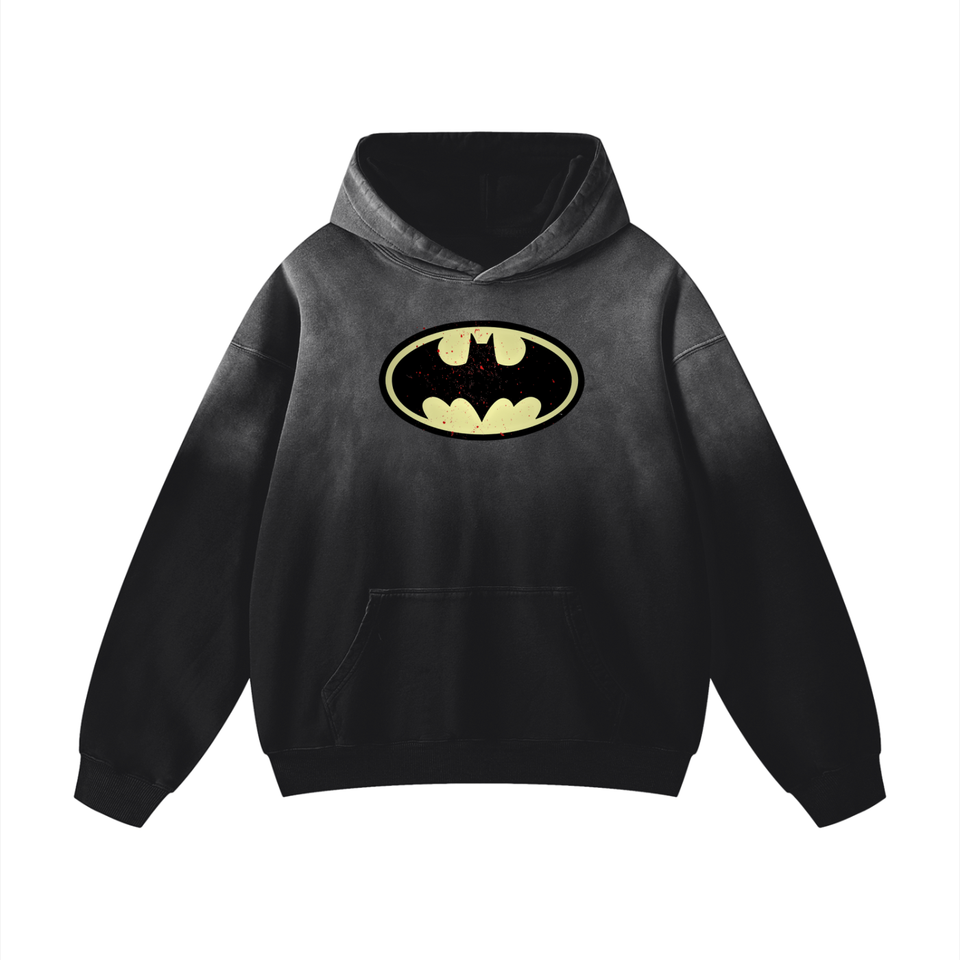 Black hoodie with Batman logo in front of it on a white background