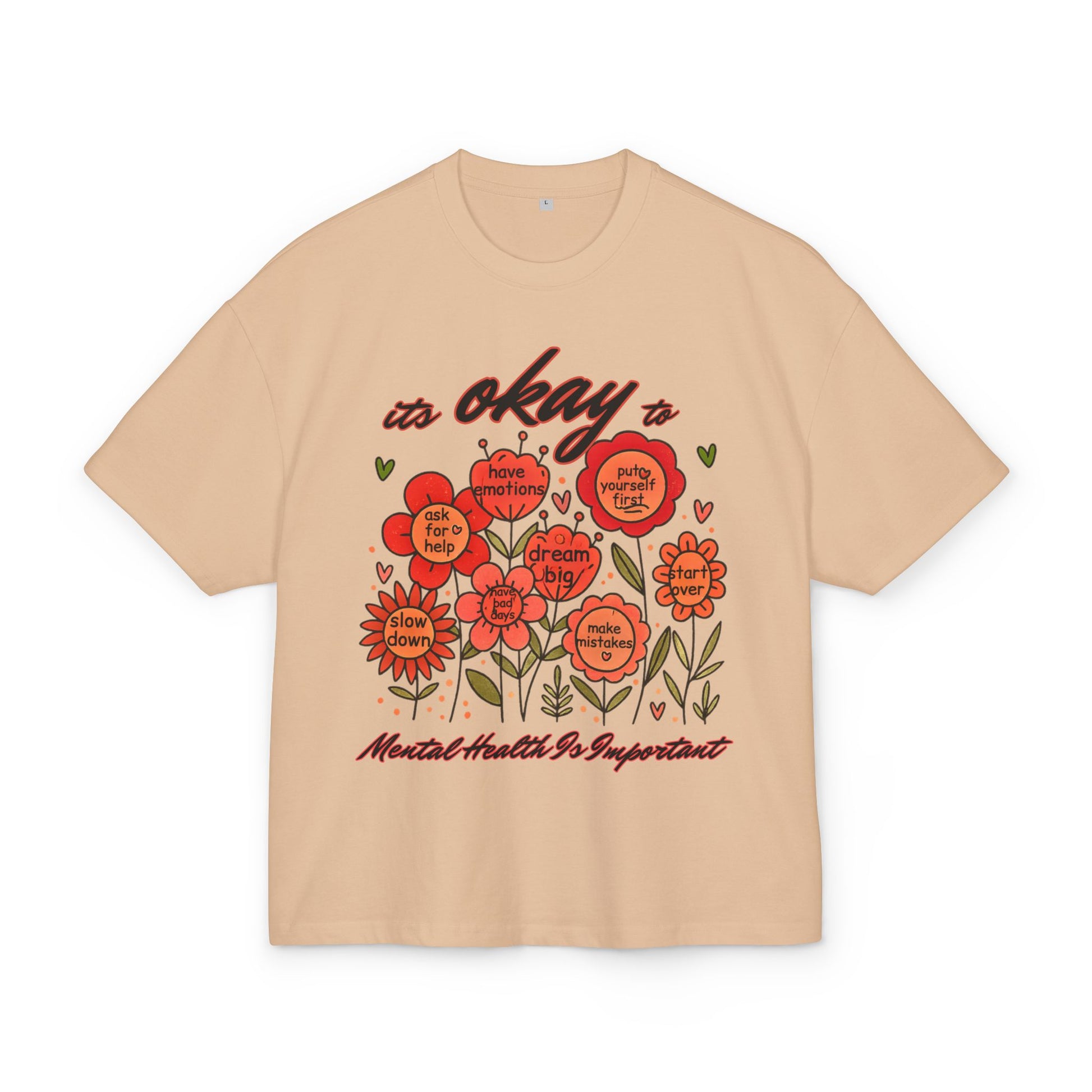 Beige t-shirt with red floral design and motivational text on a white background