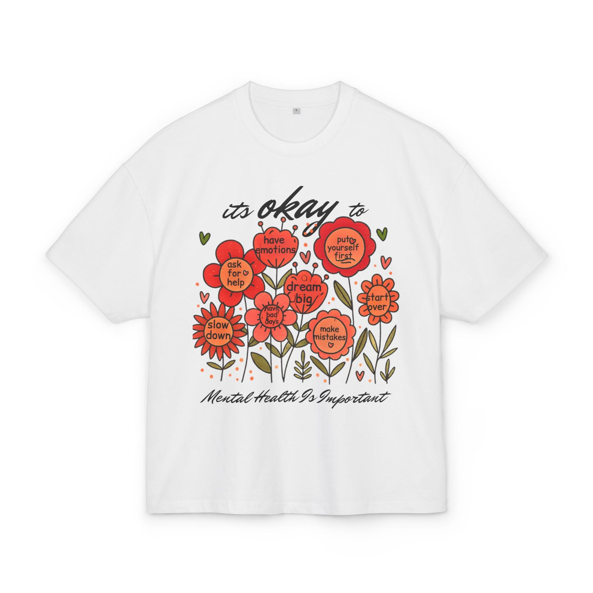 White t-shirt with red floral design and motivational text on a white background