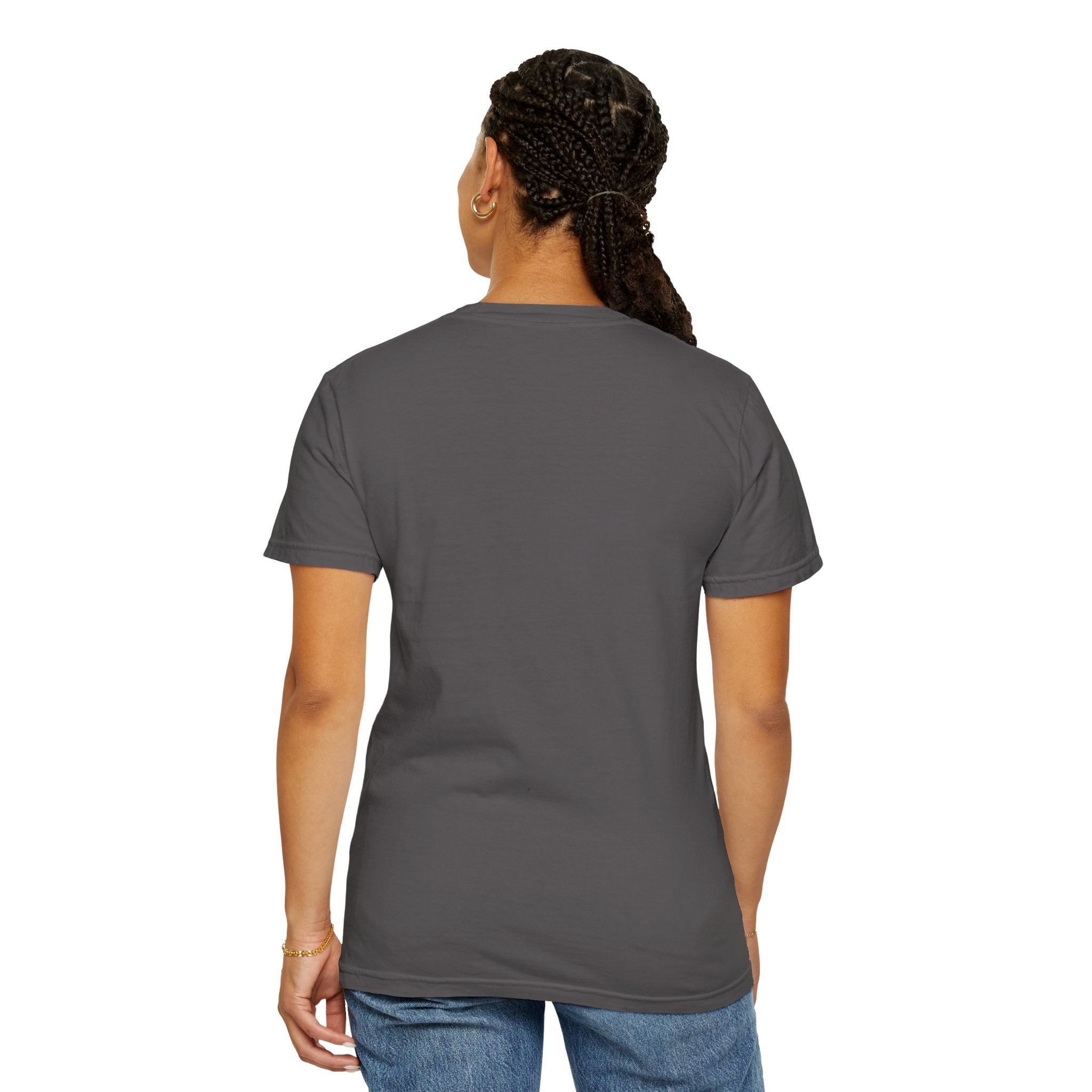 graphite t-shirt back design with clean fit, worn by woman with braids