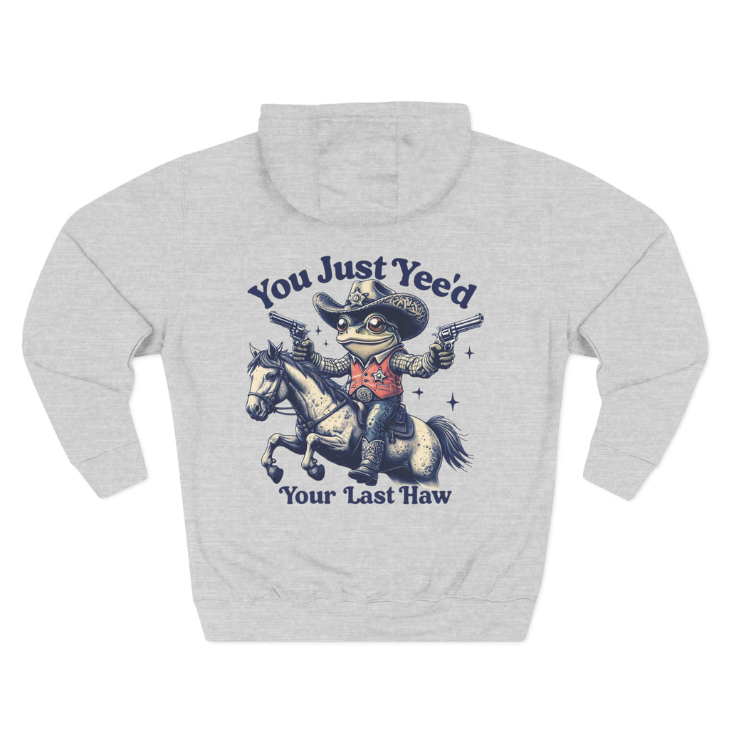 Gray cowboy hoodie with a graphic of a frog in a cowboy hat riding a horse and text on a white background