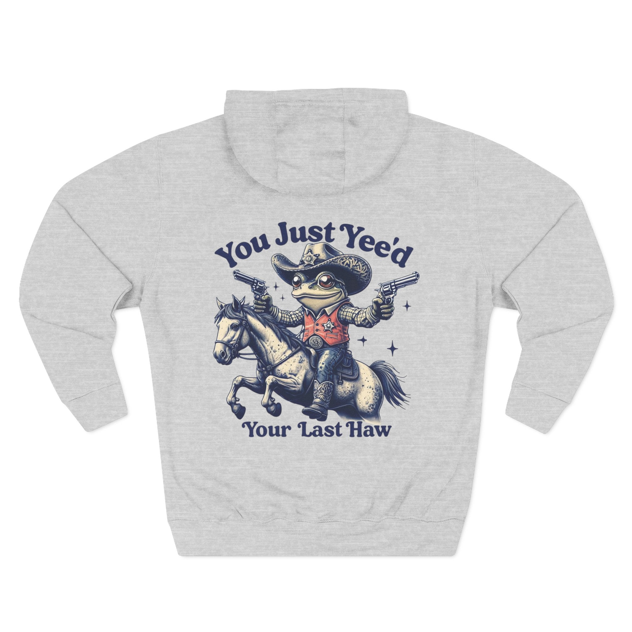 Gray cowboy hoodie with a graphic of a frog in a cowboy hat riding a horse and text on a white background