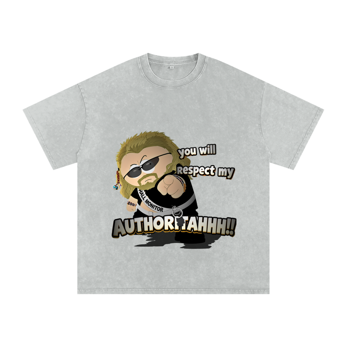 Grey snow-washed oversized graphic T-shirt showing eric cartman in dark sunglasses pointing at the viewer with bold “Respect My Authoritah” artwork.