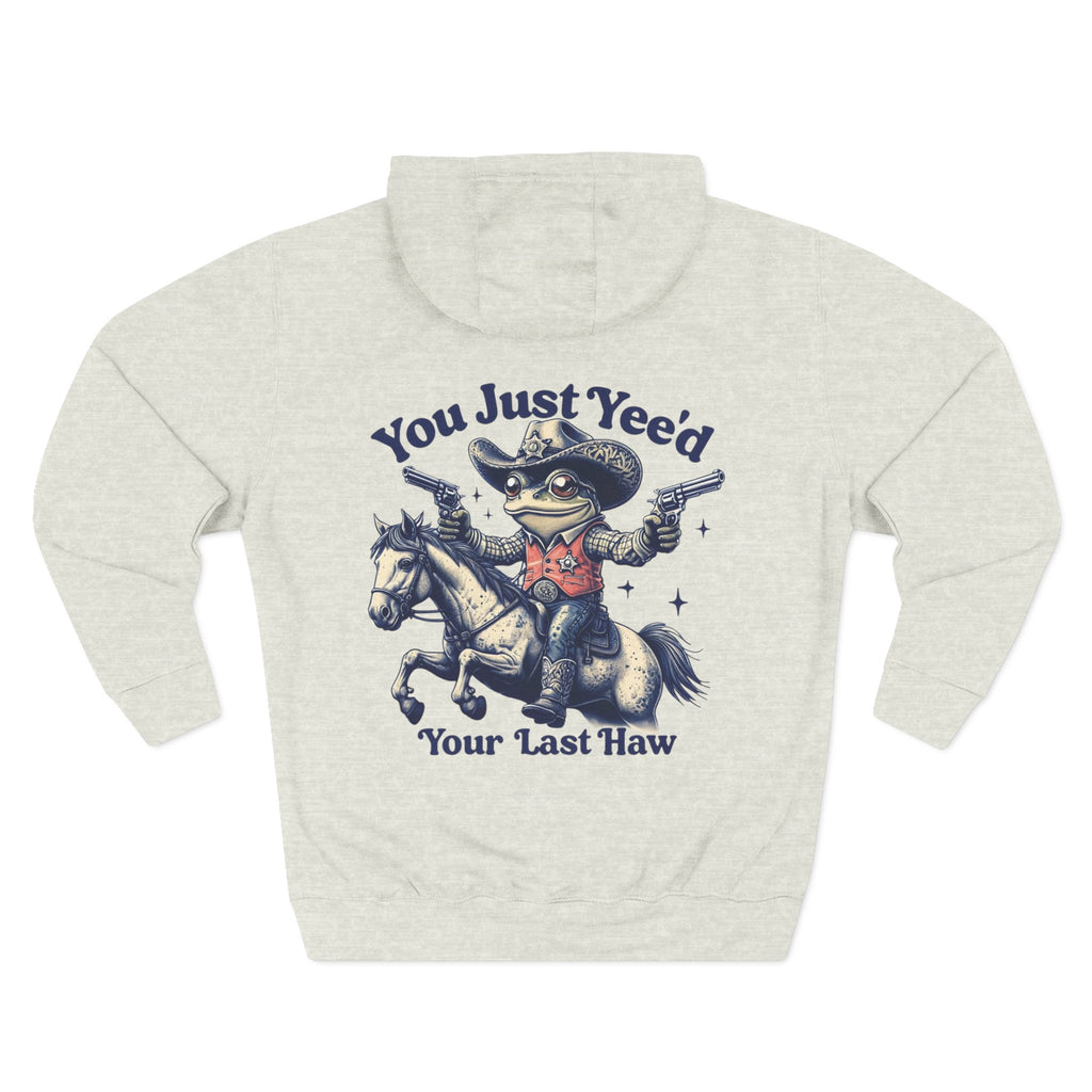 heather gray cowboy hoodie with a graphic of a frog in a cowboy hat riding a horse and text on a white background