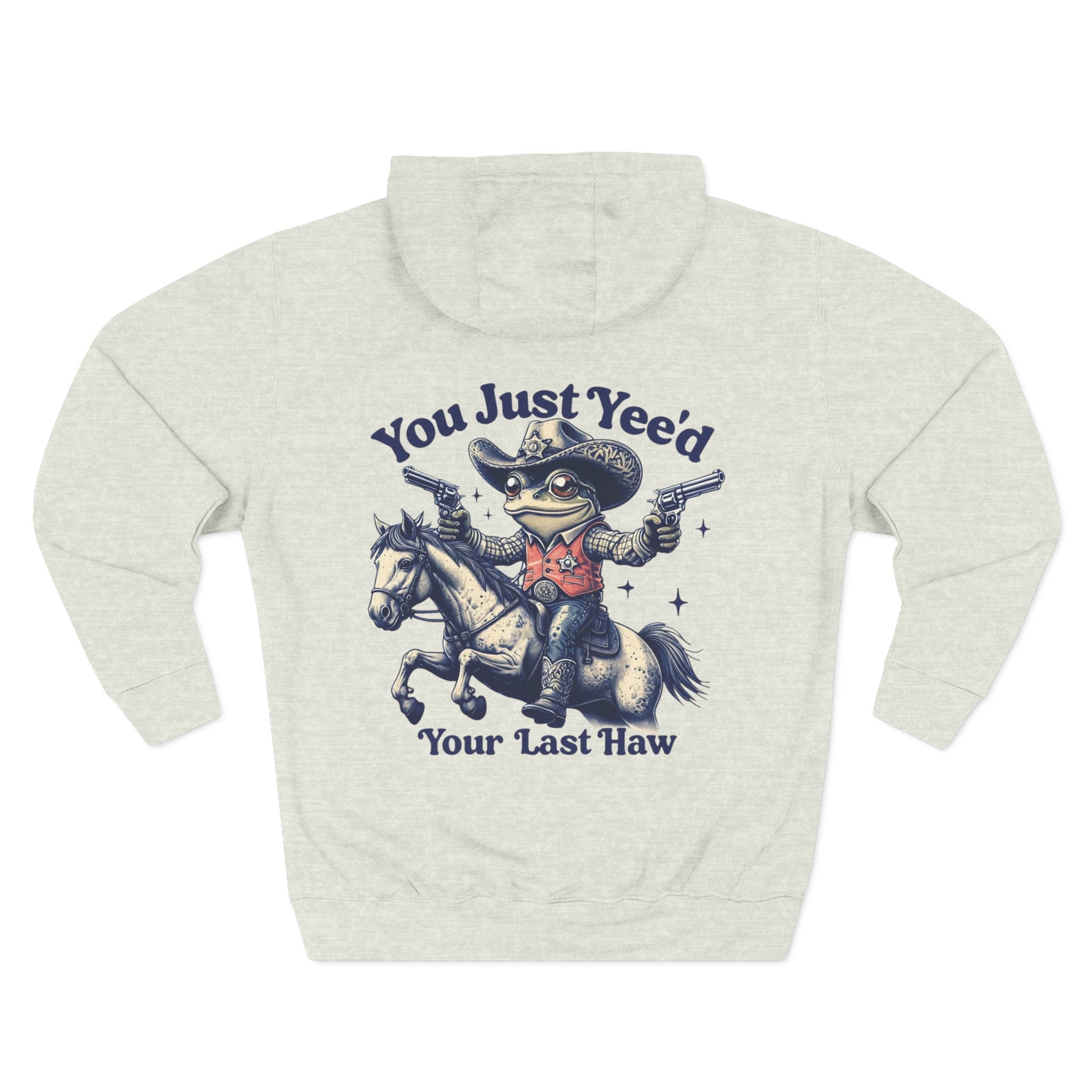 heather gray cowboy hoodie with a graphic of a frog in a cowboy hat riding a horse and text on a white background