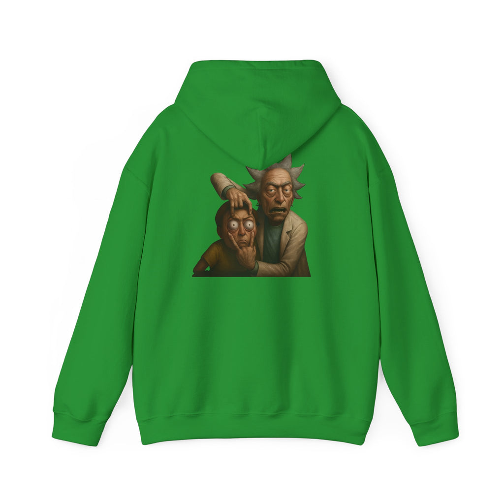 Back of irish green hoodie featuring surreal Rick and Morty face-reveal art design