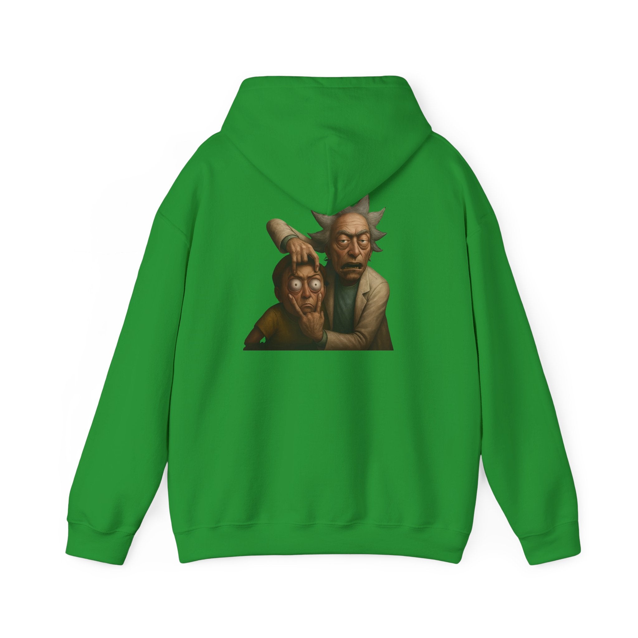 Back of irish green hoodie featuring surreal Rick and Morty face-reveal art design
