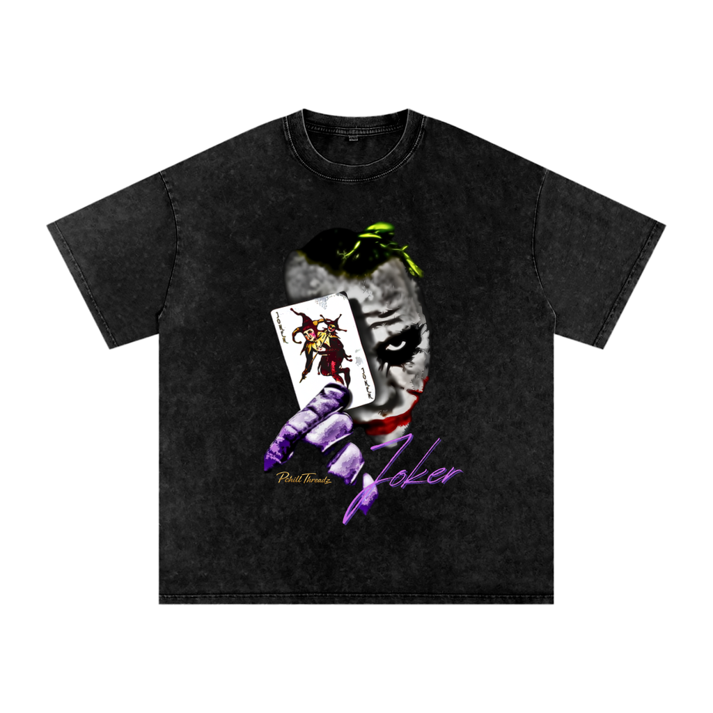 Joker graphic t-shirt featuring playing card portrait purple glove green accents and Joker lettering on black snow washed tee