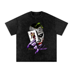 Joker graphic t-shirt featuring playing card portrait purple glove green accents and Joker lettering on black snow washed tee