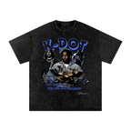 Black t-shirt with graphic design kendrick lamar and text on a white background