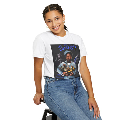 woman wearing a white t-shirt with a graphic design of kendrick lamar in front