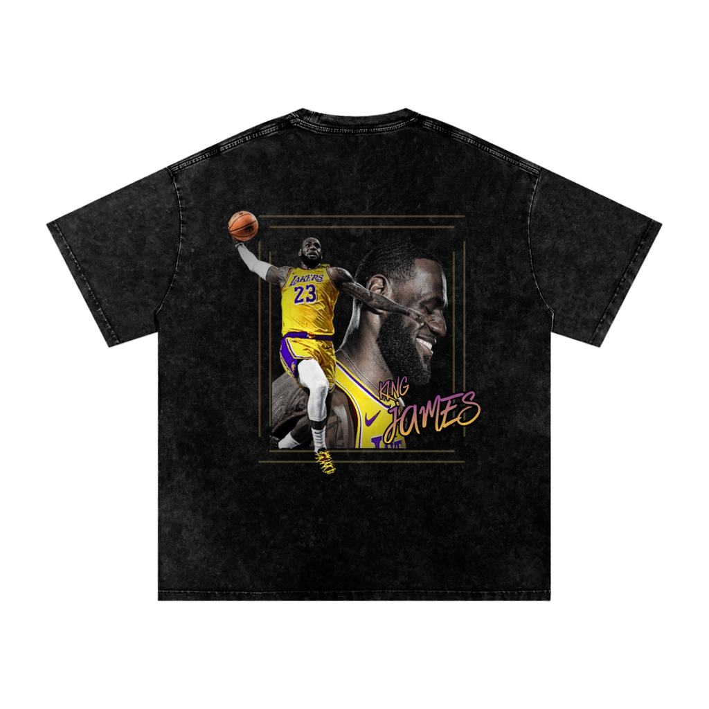Black t-shirt with a graphic of alebron james in lakers jersey on a white background