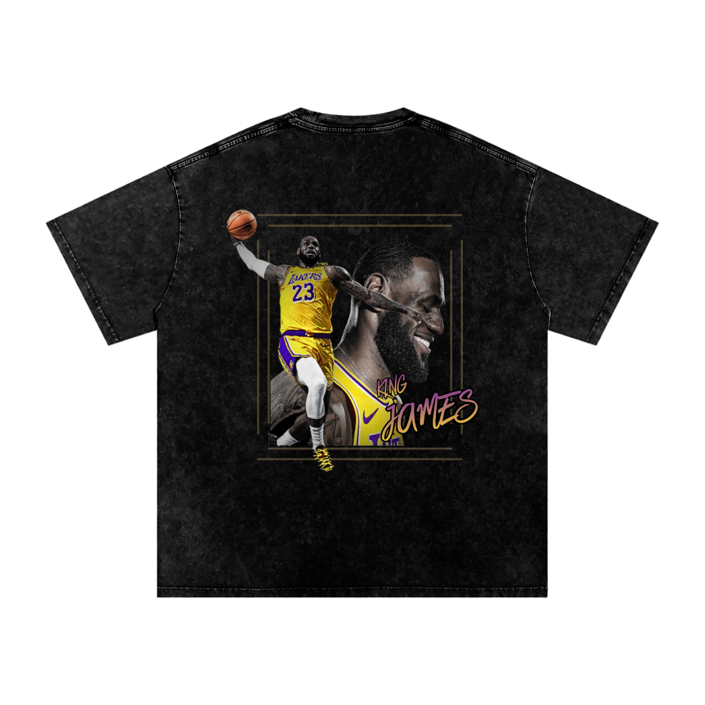 Black t-shirt with a graphic of alebron james in lakers jersey on a white background