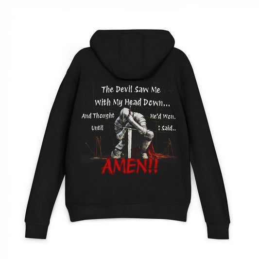 back of Black hoodie with graphic design and text on the back, displayed against a white background.