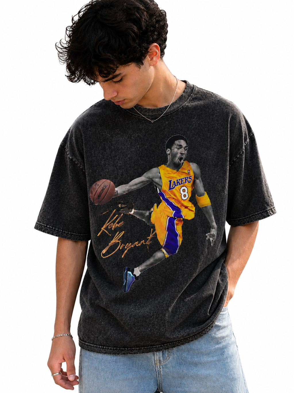 Model wearing Kobe Bryant Dunking graphic tee with Lakers No. 8 basketball artwork and gold signature