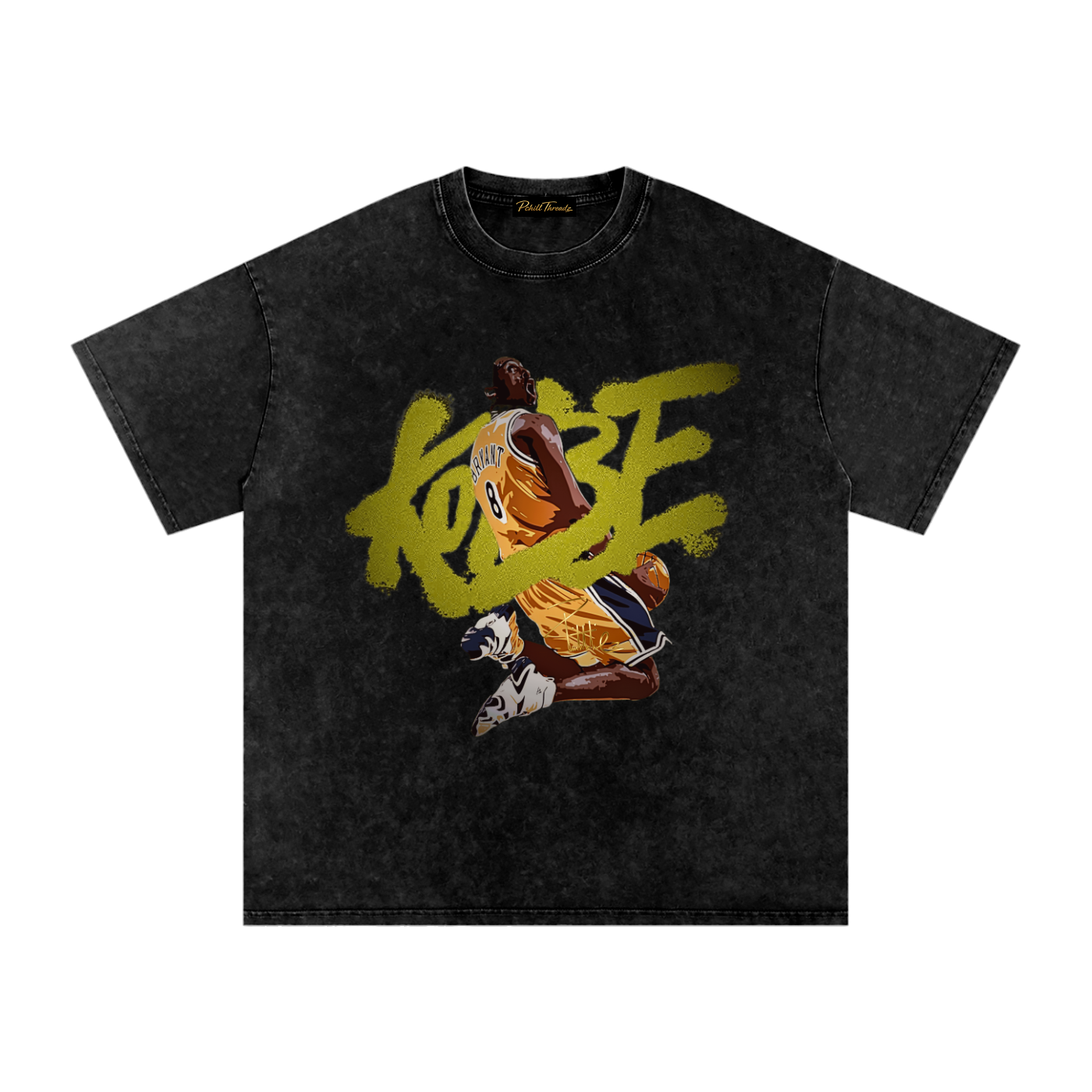Kobe Bryant graphic tee black oversized Lakers T-shirt with yellow basketball artwork