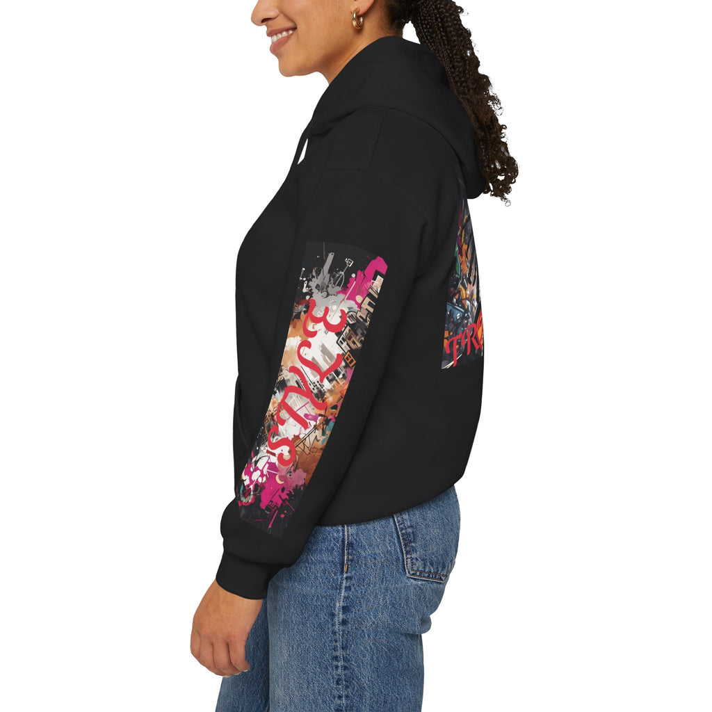 left sleeve of woman wearing a black graphic hoodie with colorful graphics and text style