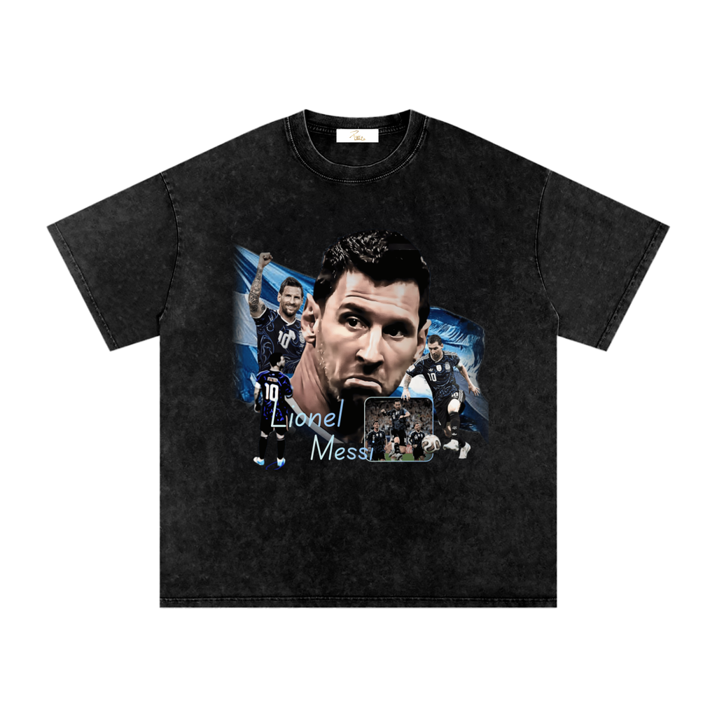 Washed-black oversized Lionel Messi T-shirt featuring multiple Argentina soccer portraits in a blue-and-white collage.