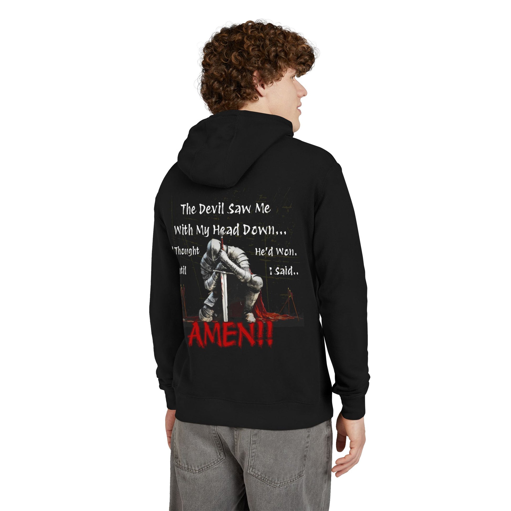 back of man wearing a black hoodie with graphic design and text on the back