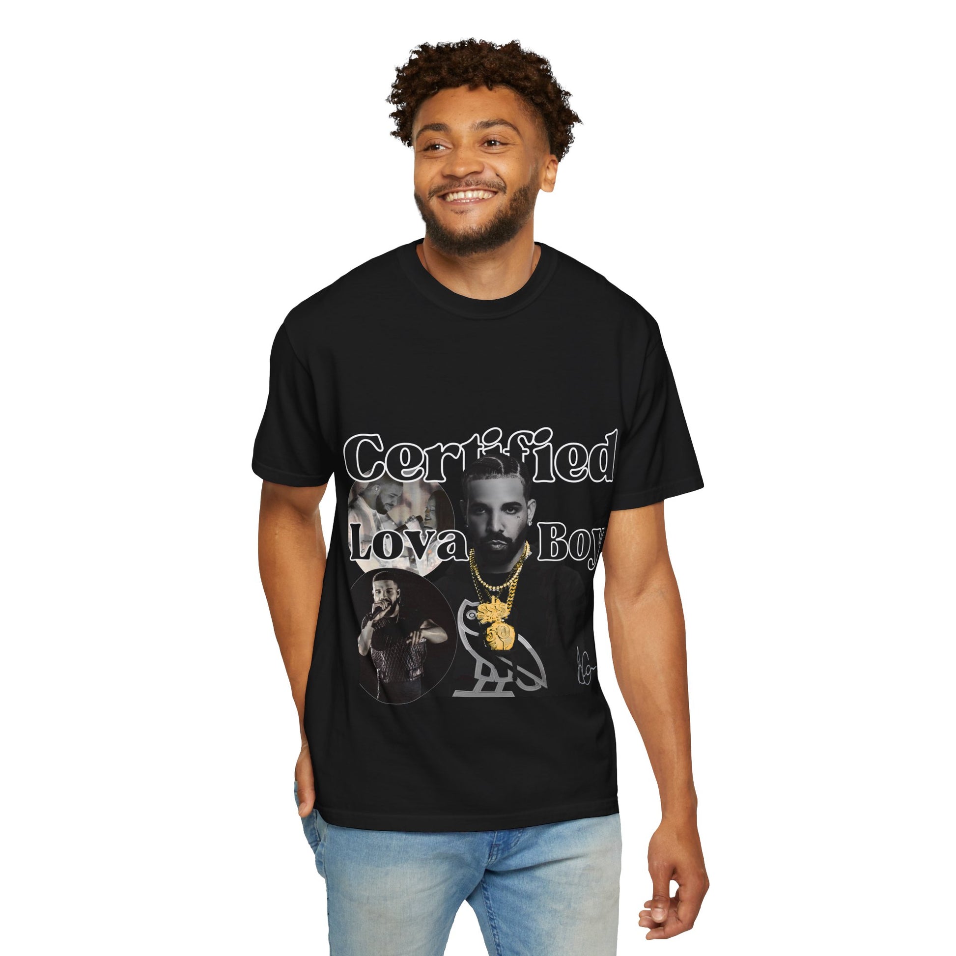 Man wearing a black graphic tee with graphic design and text on a white background