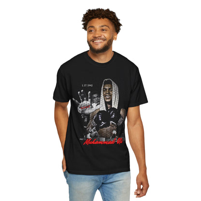 Man wearing a black t-shirt with a graphic design on a white background