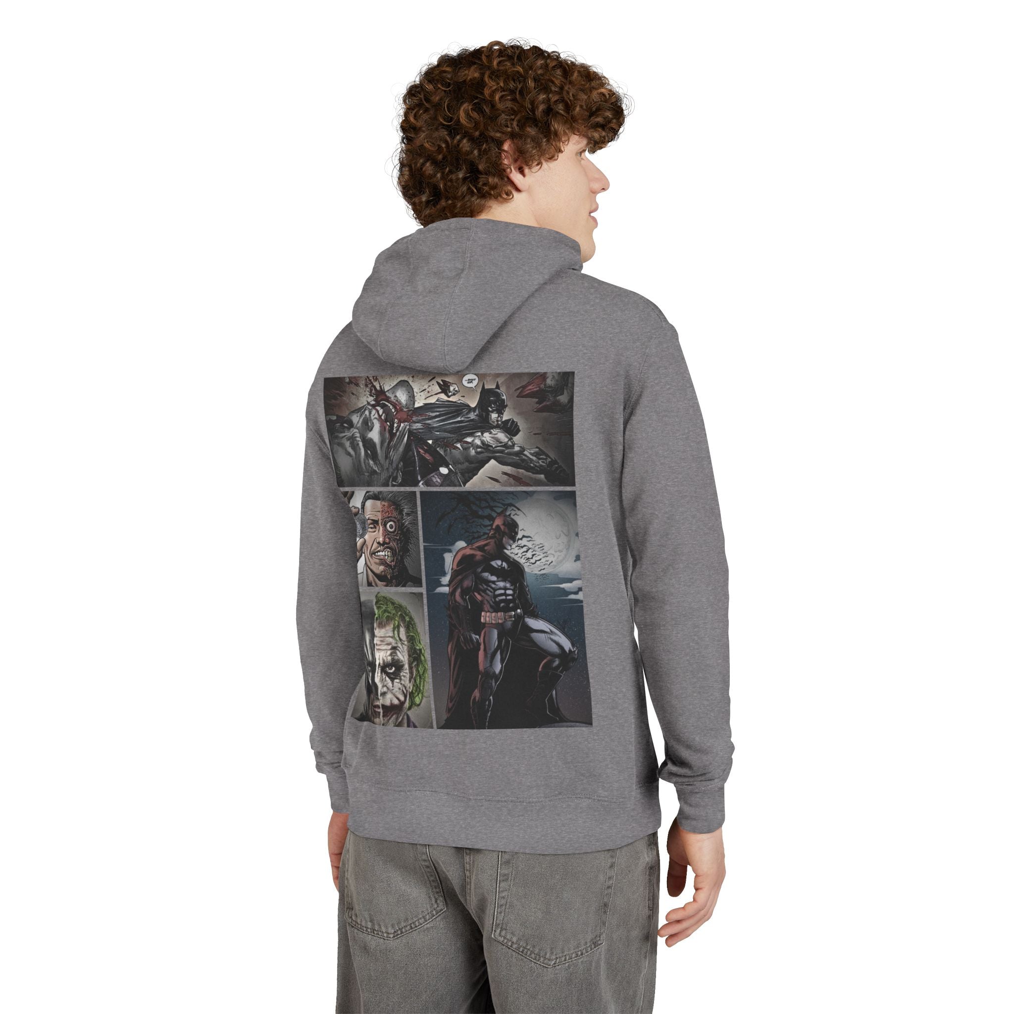 Person wearing a graphite heather hoodie with a batman graphic design on the back against a white background
