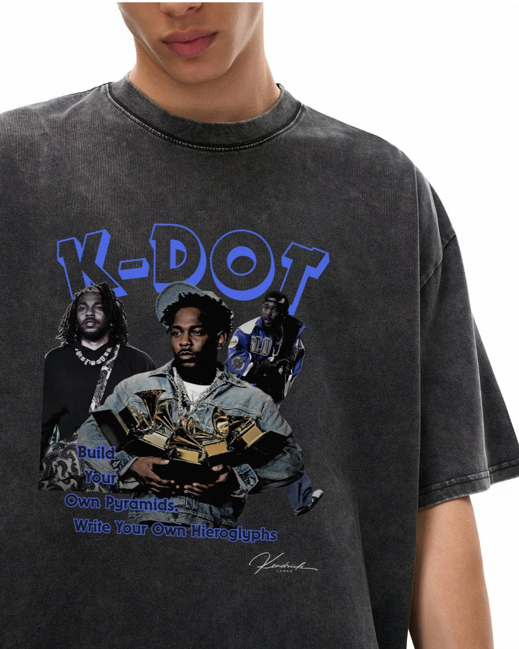 Black snow washed oversized t-shirt with 'K-DOT' graphic design and a graphic of kendrick lamar