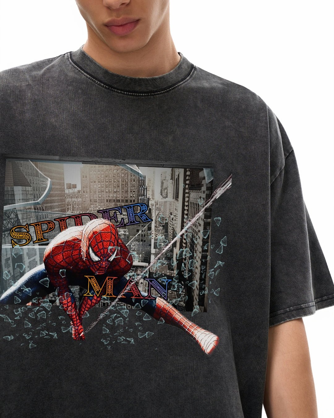 Person wearing a black t-shirt with Spider-Man graphic design
